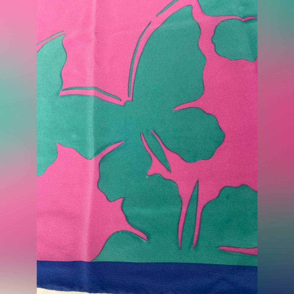 Maxim’s De Paris Silk Pink Ombré 33” Square Butterfly Scarf w/Blue Border - Picture 15 of 16